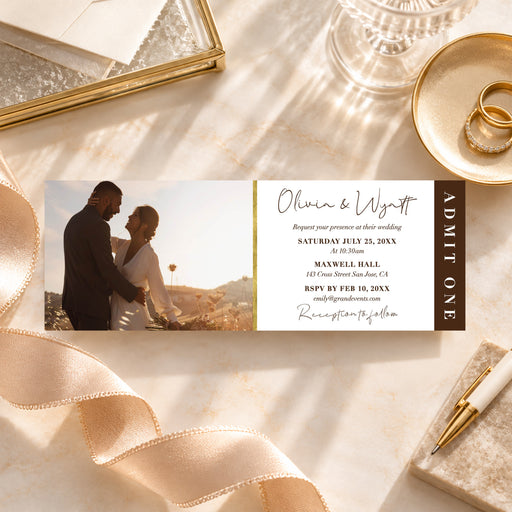 Personalized photo wedding admission ticket featuring a custom couple photo, elegant black script names, gold accents, wedding details, and a dark brown Admit One strip.