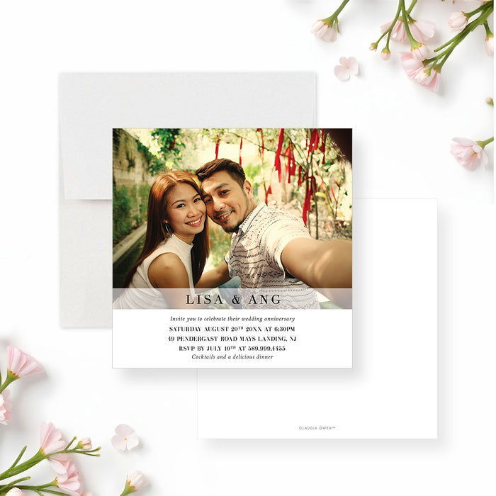 Personalized wedding anniversary invitation featuring a couple's photo with custom event details-front-back