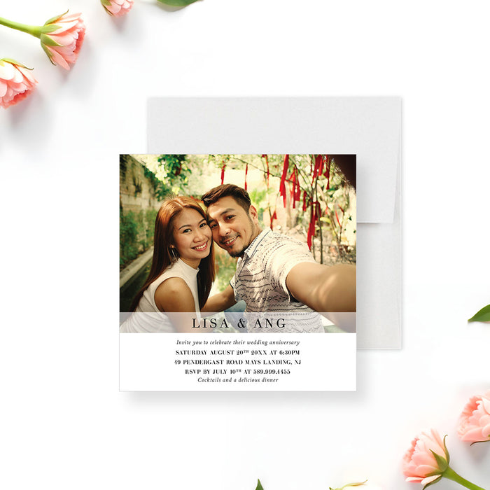 Personalized wedding anniversary invitation featuring a couple's photo with custom event details-front