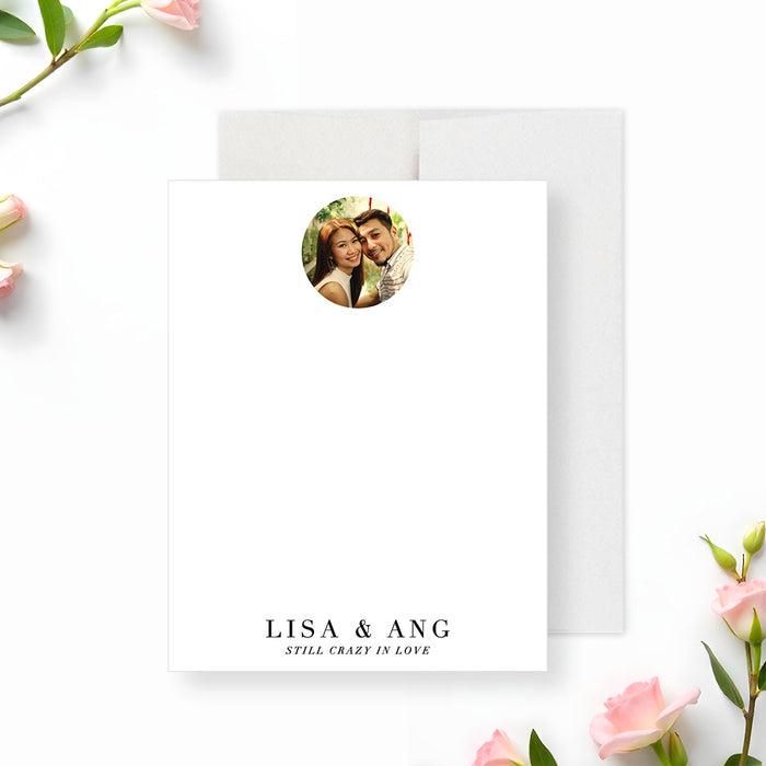 Personalized photo wedding anniversary note card featuring “Still Crazy in Love” text-front