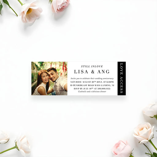 Personalized wedding anniversary ticket invitation featuring an admit-one design and a custom couple photo