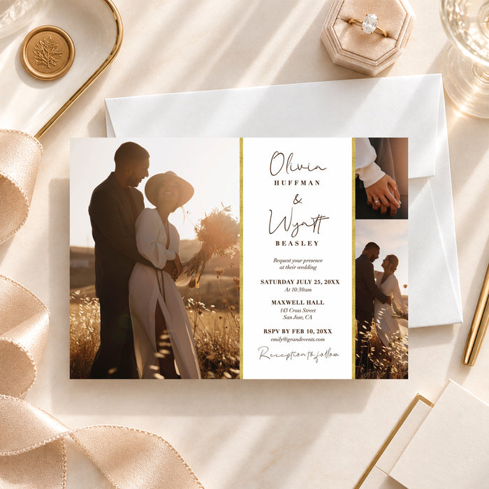Personalized photo wedding invitation featuring romantic sunset couple photos, elegant black script names, a white center panel with gold accents, custom wedding details, and a matching envelope