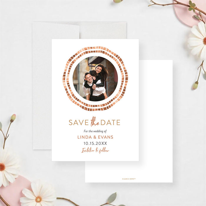 Personalized photo wedding save the date card with circular couple photo, double geometric mosaic border, names, wedding date and warm copper accents-front-back