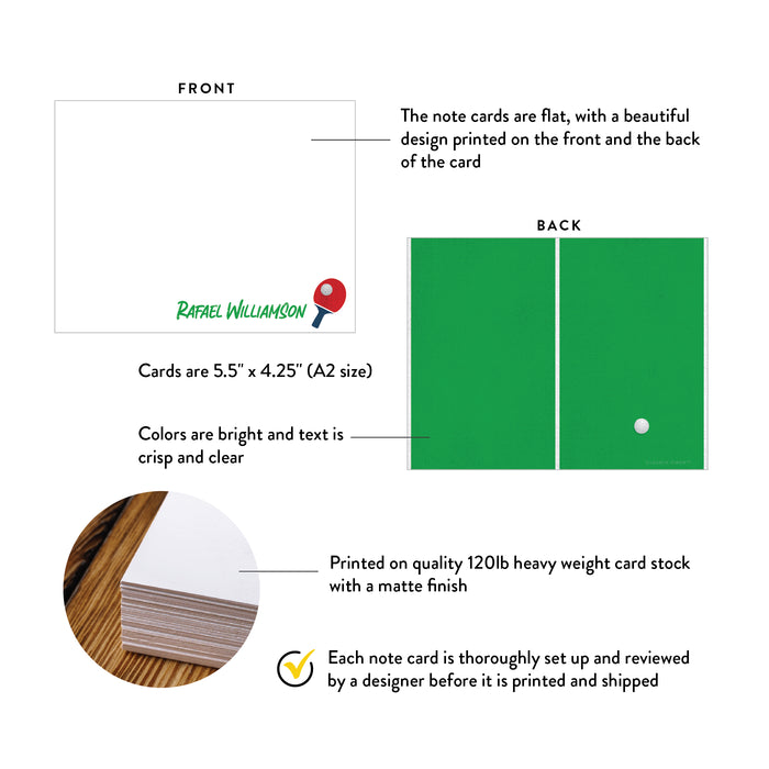 Front and back of personalized ping pong note cards showing A2 dimensions and matte cardstock details.