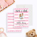 Personalized pink baby girl birth announcement card with family photo of parents and newborn, baby’s name, birth date, weight and length-front-back