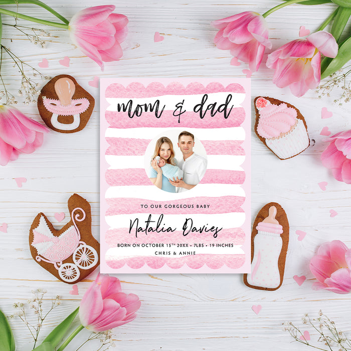 Personalized pink baby girl birth announcement card with family photo of parents and newborn, baby’s name, birth date, weight and length-front