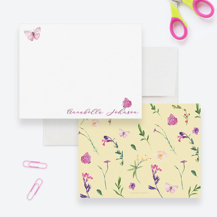 Personalized pink butterfly floral note card set with colorful flowers, leaves, and butterflies