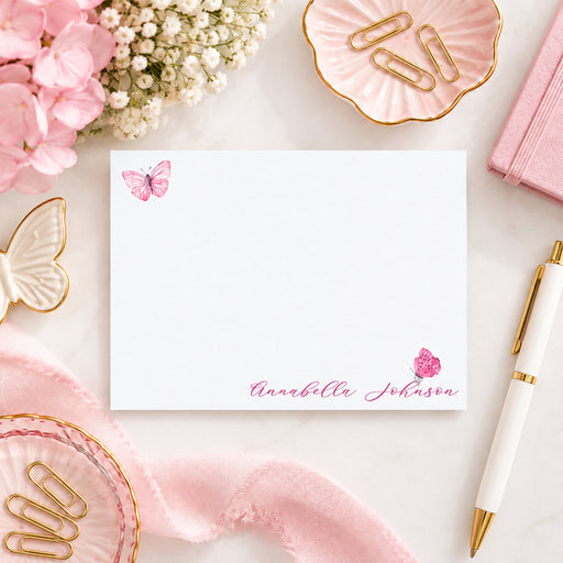 Personalized pink butterfly floral note card set with colorful flowers, leaves, and butterflies