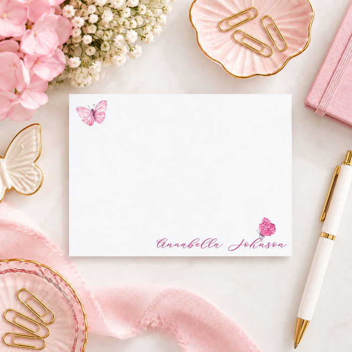 Personalized pink butterfly floral note card set with colorful flowers, leaves, and butterflies