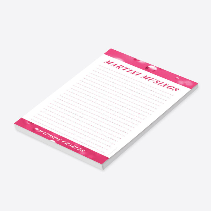 personalized pink cocktail notepad with bubbly drink-inspired accents, martini musings headline, custom name, and lined writing space-side