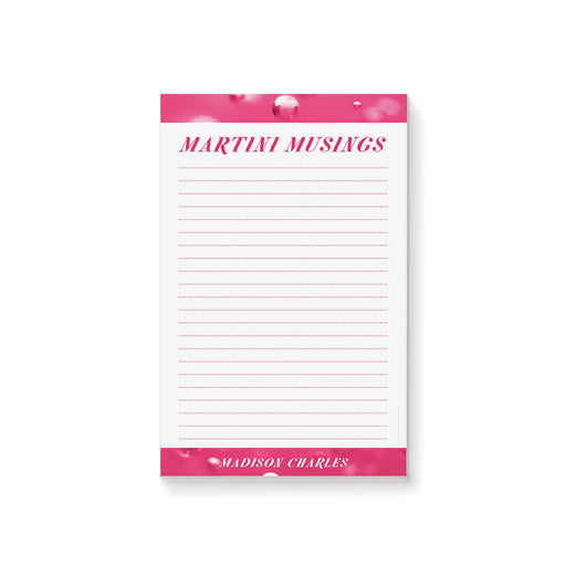 personalized pink cocktail notepad with bubbly drink-inspired accents, martini musings headline, custom name, and lined writing space