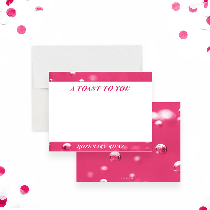 personalized pink cocktail note card with bubbly drink design, custom name, and blank space for handwritten notes-front-back