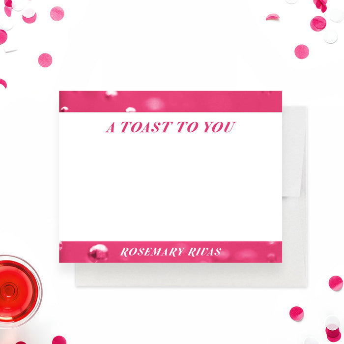 personalized pink cocktail note card with bubbly drink design, custom name, and blank space for handwritten notes-front