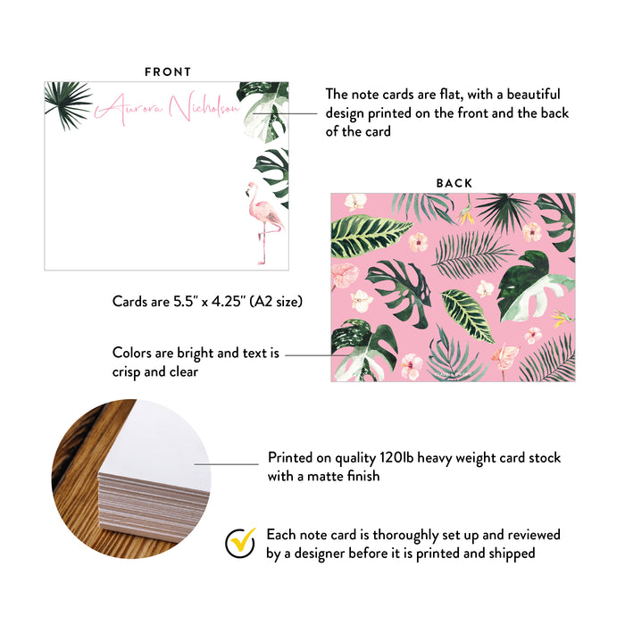 Front and back of personalized pink flamingo note cards showing A2 dimensions and matte cardstock details.