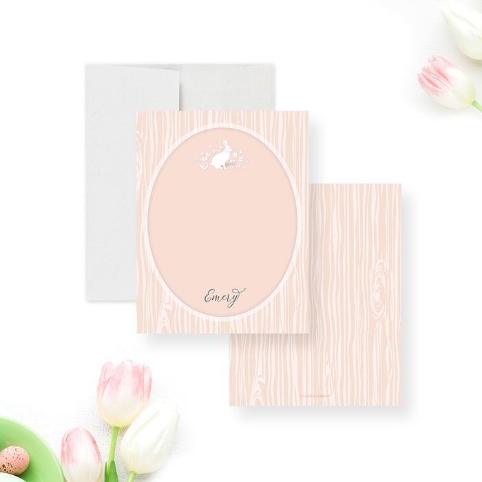 Personalized Pink Floral Bunny Note Cards. Front and matching pink patterned back shown with a white envelope.