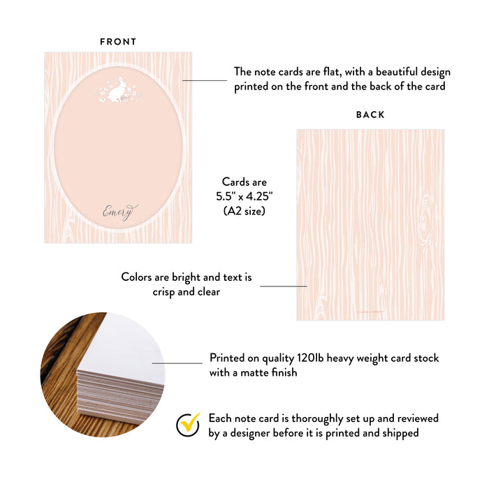 Product details graphic for personalized pink floral bunny note cards, showing front and back designs, A2 size, and matte cardstock.