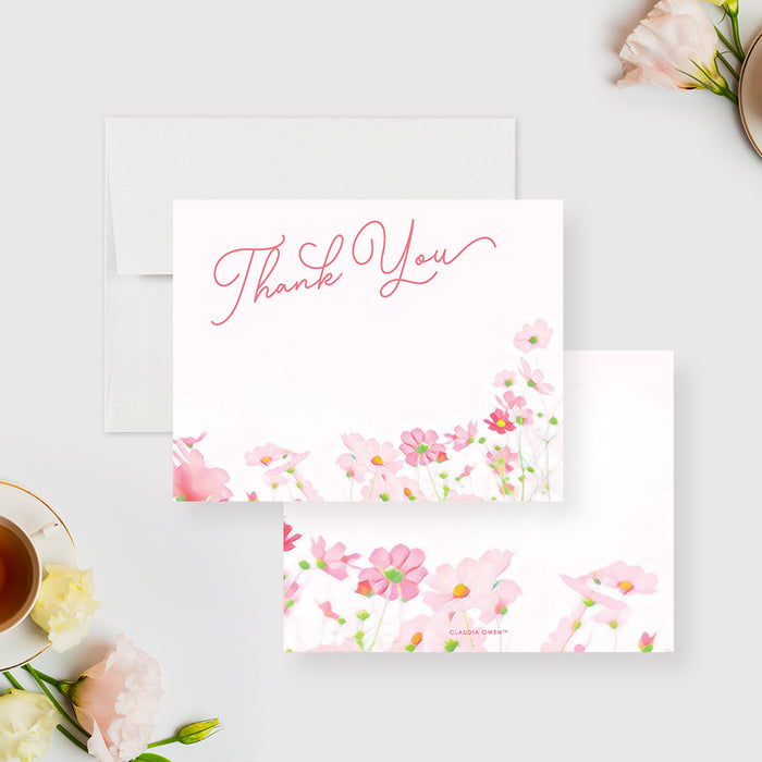 personalized pink floral thank you card with elegant script lettering, soft watercolor flowers, and blank space for a handwritten message-front-back