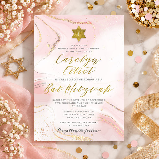 An elegant bat mitzvah invitation card with soft pink and gold watercolor design