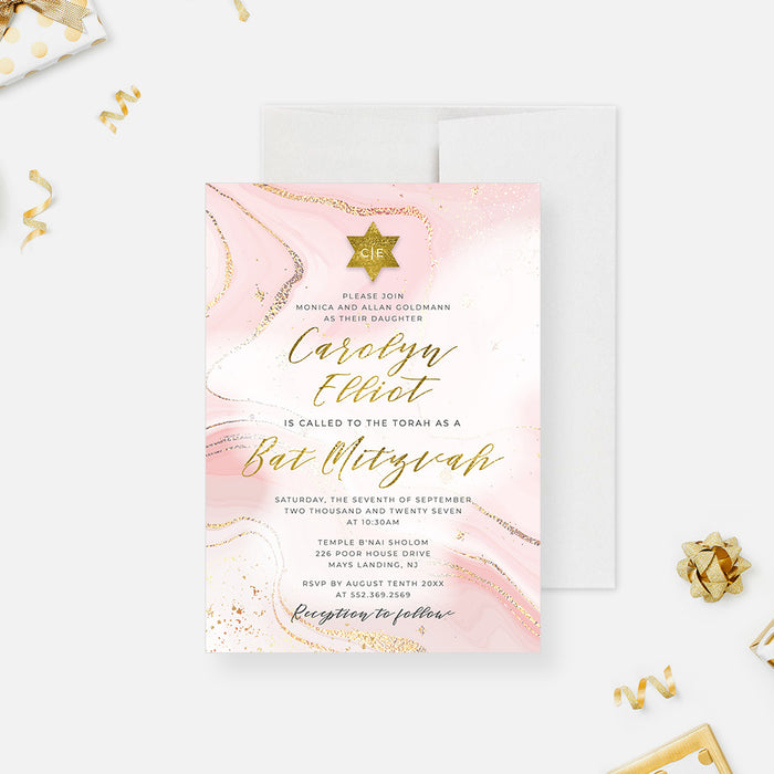 An elegant bat mitzvah invitation card with soft pink and gold watercolor design