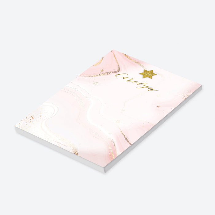 Personalized pink and gold Bat Mitzvah notepad with Star of David, custom name, and soft watercolor marble background-side