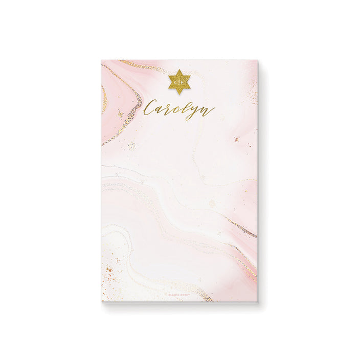 Personalized pink and gold Bat Mitzvah notepad with Star of David, custom name, and soft watercolor marble background