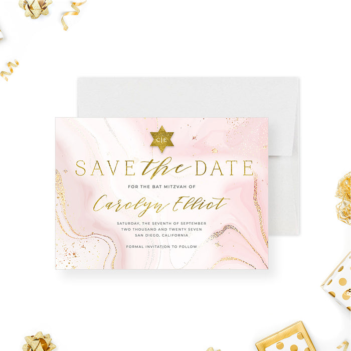 Personalized pink and gold Bat Mitzvah save the date card with watercolor details, gold Star of David, custom name, and event date-front