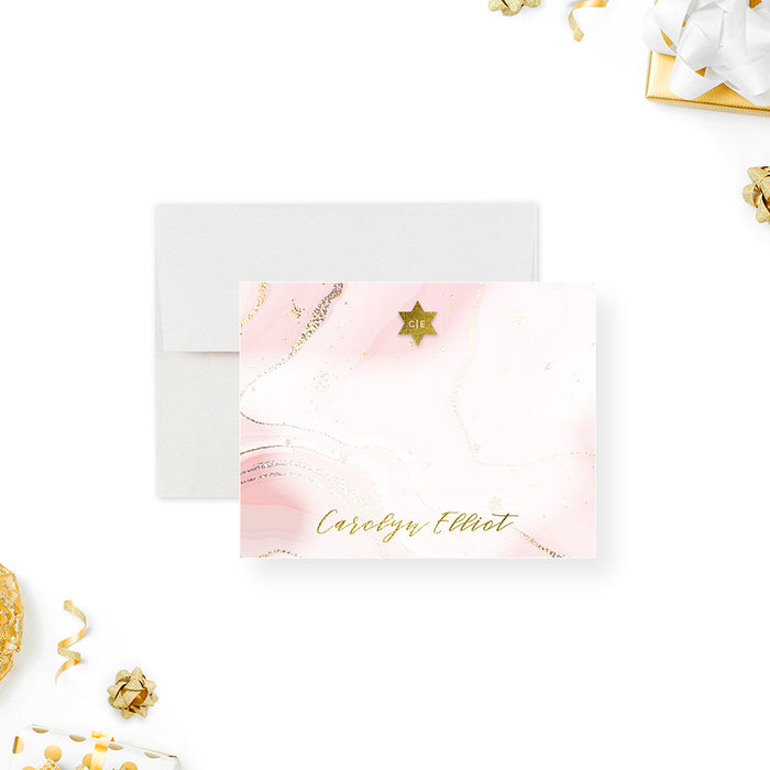 Personalized pink and gold Bat Mitzvah thank you card with Star of David, custom name, and marble-inspired background
