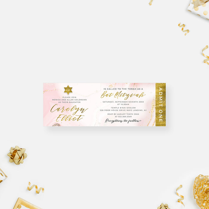 Personalized pink and gold Bat Mitzvah ticket invitation with watercolor background, Star of David, custom event details, and Admit One design
