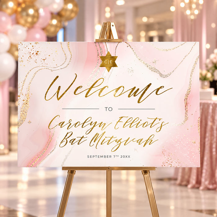 Pink and gold marble Bat Mitzvah welcome sign featuring Star of David, personalized event details, ideal for party entrance, reception, or photo backdrop.