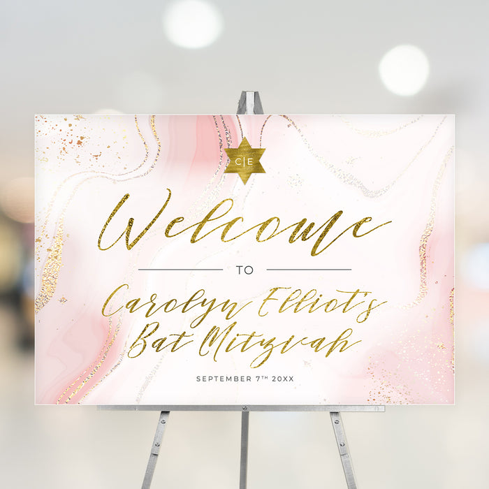 Pink and gold marble Bat Mitzvah welcome sign featuring Star of David, personalized event details, ideal for party entrance, reception, or photo backdrop.