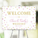 Personalized pink and gold heart wedding welcome sign with scattered heart pattern, custom couple’s names and wedding date