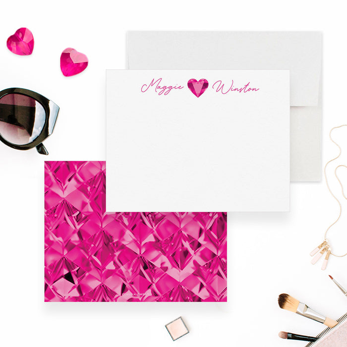 Personalized pink heart note card with custom name and matching faceted heart pattern printed stationery for women
