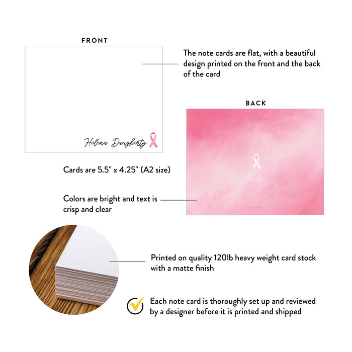 Front and back of personalized pink ribbon awareness note cards showing A2 dimensions and matte cardstock details.