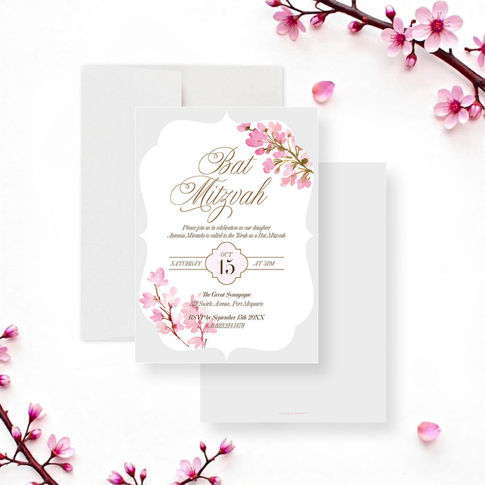 Personalized pink watercolor floral Bat Mitzvah invitation with custom celebrant’s name, ceremony date, synagogue, address and RSVP details-front-back