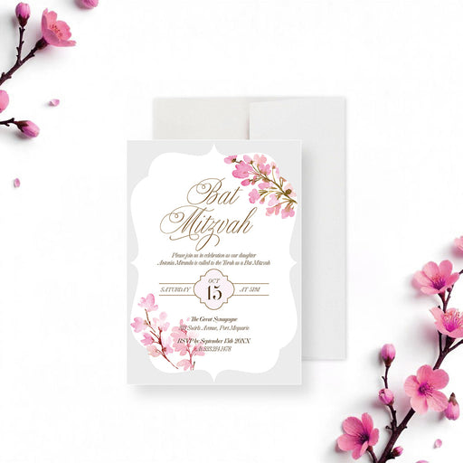 Personalized pink watercolor floral Bat Mitzvah invitation with custom celebrant’s name, ceremony date, synagogue, address and RSVP details-front