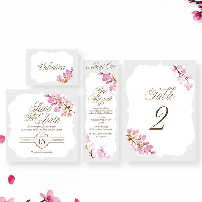 Personalized Pink Watercolor Floral Bat Mitzvah Invitation