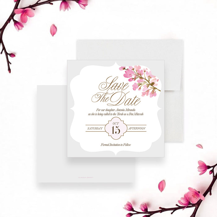 Personalized pink watercolor floral Bat Mitzvah save the date card with custom honoree’s name, event date and invitation to follow wording-front-back