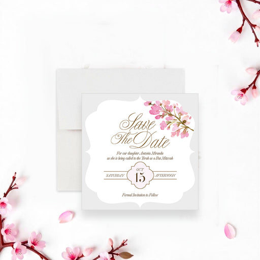 Personalized pink watercolor floral Bat Mitzvah save the date card with custom honoree’s name, event date and invitation to follow wording-front