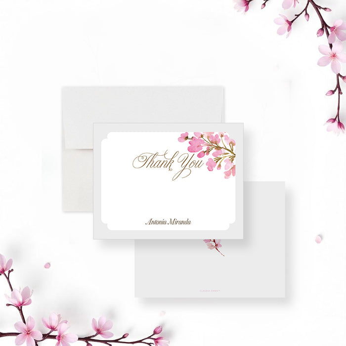 Personalized pink watercolor floral Bat Mitzvah thank you card with custom honoree’s name, elegant script and blank writing area-front-back