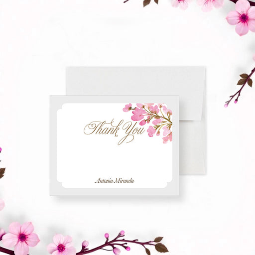 Personalized pink watercolor floral Bat Mitzvah thank you card with custom honoree’s name, elegant script and blank writing area-front