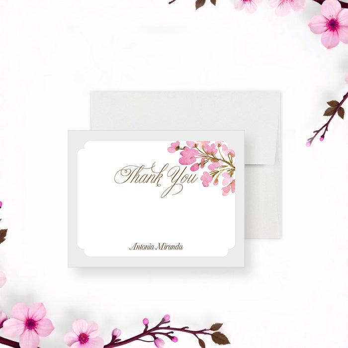 Personalized pink watercolor floral Bat Mitzvah thank you card with custom honoree’s name, elegant script and blank writing area-front