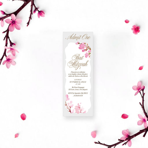 Personalized pink watercolor floral Bat Mitzvah ticket invitation with custom honoree’s name, ceremony details and Admit One wording