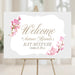 Personalized pink watercolor floral Bat Mitzvah welcome sign with custom honoree’s name, event date and blossom accents