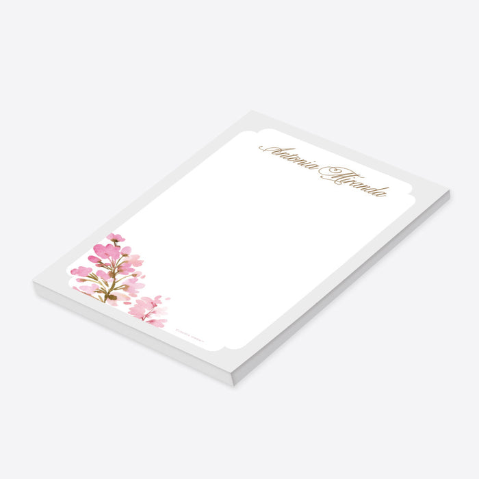 Personalized pink watercolor floral notepad for girls and teens with custom name, blossom border and large blank writing area-side
