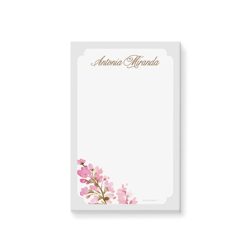 Personalized pink watercolor floral notepad for girls and teens with custom name, blossom border and large blank writing area