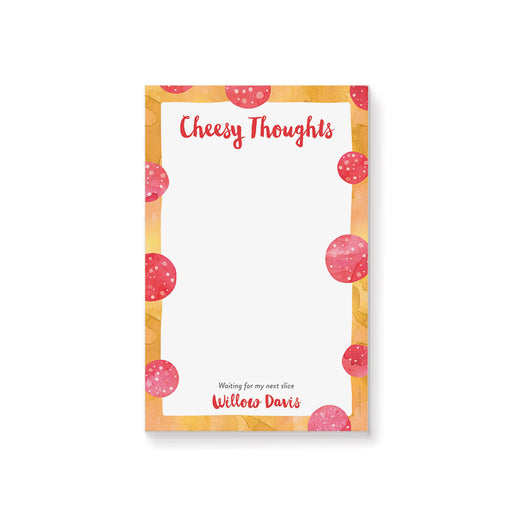 personalized pepperoni pizza notepad with Cheesy Thoughts heading, watercolor pizza design, custom name, and blank writing space