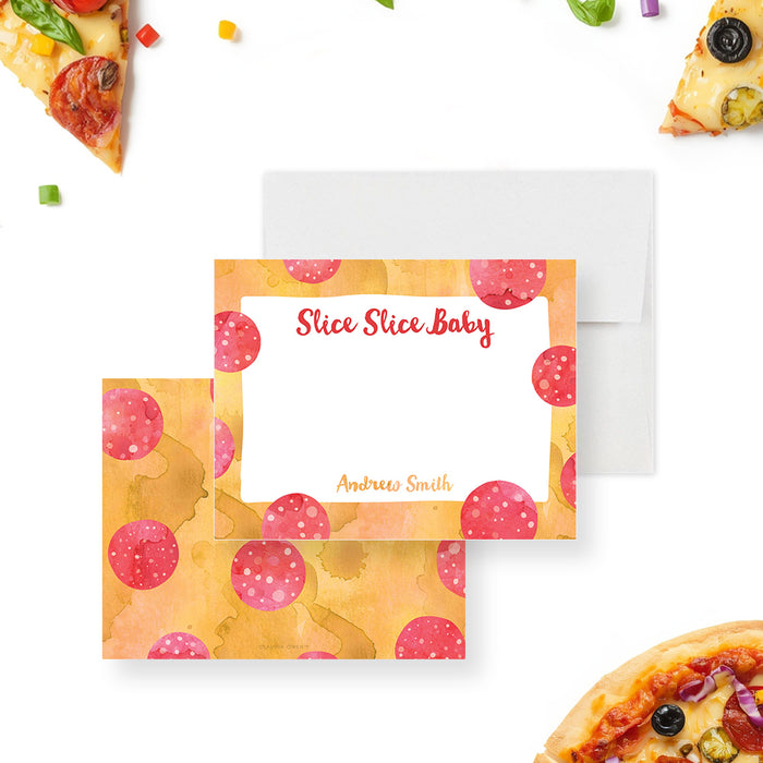 personalized pepperoni pizza thank you card with playful lettering, watercolor pizza-inspired design, and space for a handwritten message-front-back