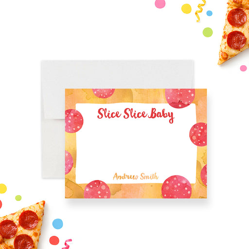 personalized pepperoni pizza thank you card with playful lettering, watercolor pizza-inspired design, and space for a handwritten message-front