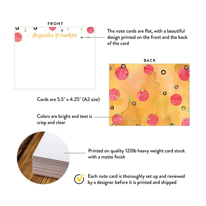 Front and back of personalized pizza note cards showing A2 dimensions and matte cardstock details.