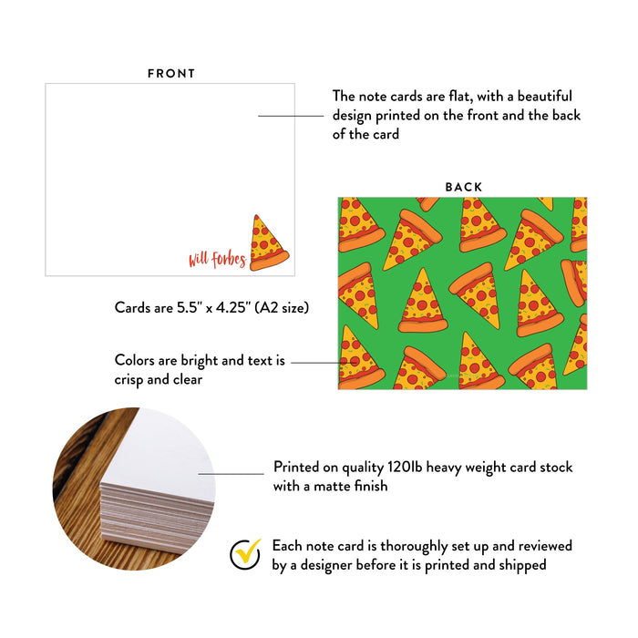 Specifications graphic showing the front and back of personalized pizza party thank you cards for kids, A2 size 5.5 × 4.25 inches and matte cardstock.